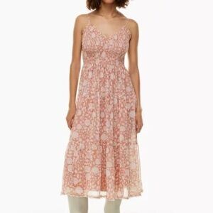 Aritzia Wilfred Tuberose Pink Smocked Sleeveless Tiered Ruffle Midi Dress Small